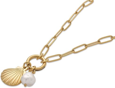 18k Gold Plated Stainless Steel Chain Link Seashell Necklace with Pearl, 18 Inch in Saudi Arabia