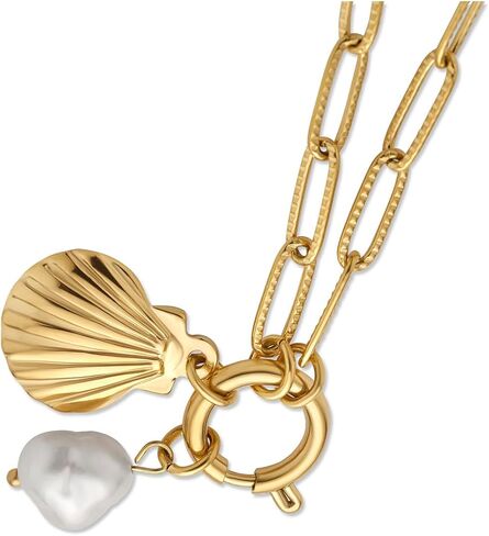 18k Gold Plated Stainless Steel Chain Link Seashell Necklace with Pearl, 18 Inch in Saudi Arabia