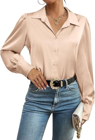 Zeagoo Womens Satin Blouse Lantern Long Sleeve Silk Button Down Shirt Dressy Casual Business Work Tunic Tops in Saudi Arabia