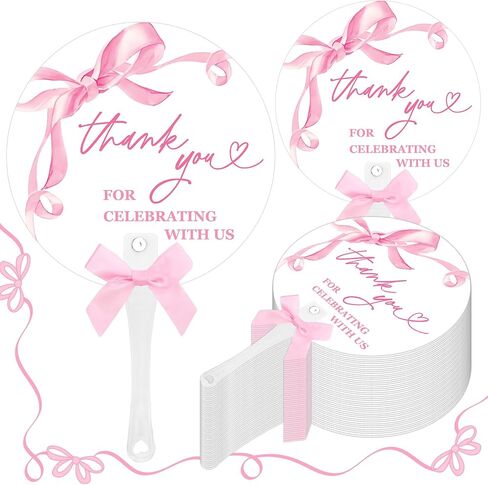 50Pcs Pink Bow Hand Fans with Bow Bulk Watercolor Coquette Bowknot Thank You Favors Fan Double Sided Handheld Fan for Bachelorette Engagement Bridal Baby Shower in Saudi Arabia
