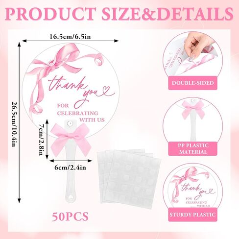 50Pcs Pink Bow Hand Fans with Bow Bulk Watercolor Coquette Bowknot Thank You Favors Fan Double Sided Handheld Fan for Bachelorette Engagement Bridal Baby Shower in Saudi Arabia