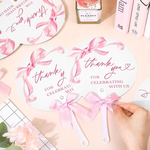 50Pcs Pink Bow Hand Fans with Bow Bulk Watercolor Coquette Bowknot Thank You Favors Fan Double Sided Handheld Fan for Bachelorette Engagement Bridal Baby Shower in Saudi Arabia