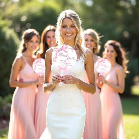 50Pcs Pink Bow Hand Fans with Bow Bulk Watercolor Coquette Bowknot Thank You Favors Fan Double Sided Handheld Fan for Bachelorette Engagement Bridal Baby Shower in Saudi Arabia