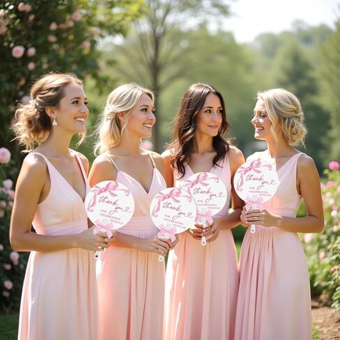 50Pcs Pink Bow Hand Fans with Bow Bulk Watercolor Coquette Bowknot Thank You Favors Fan Double Sided Handheld Fan for Bachelorette Engagement Bridal Baby Shower in Saudi Arabia