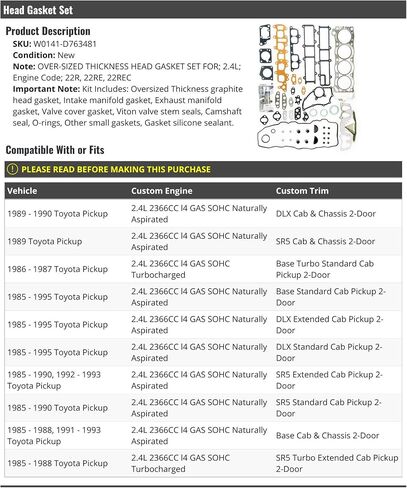 Oversized Thickness Graphite Head Gasket Set - Compatible with 1985-1995 Toyota Pickup 2.4L 22R, 22RE, 22REC in Saudi Arabia