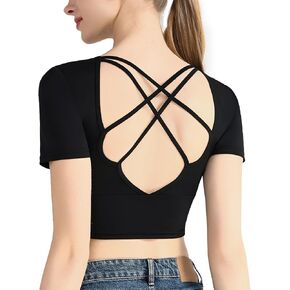AMA LARSI CRISSCROSS Back Prochyout Tops for Women Short Slive Yoga Slim Fit Dhortic Tertic in Saudi Arabia