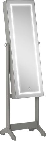 Homcom Floor Dacking Jewellet With LED LED ، منظم المجوهرات القابل للقفل مع مرآة كاملة الطول ، و 4 زوايا قابلة للتعديل ، رمادي in Saudi Arabia