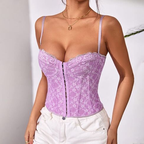 Women's Lace Bustier Spaghetti Strap Open Back Boned Corset Going Out Party Crop Top in Saudi Arabia