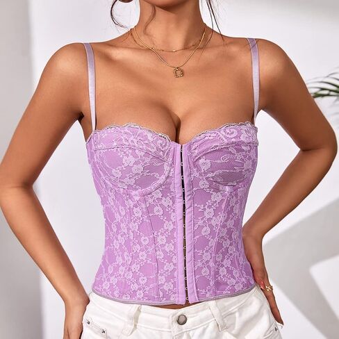 Women's Lace Bustier Spaghetti Strap Open Back Boned Corset Going Out Party Crop Top in Saudi Arabia