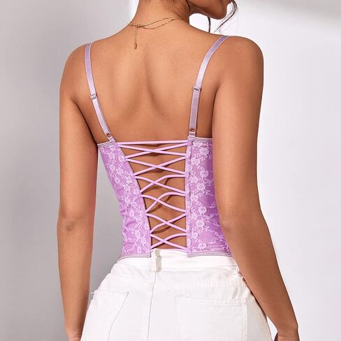 Women's Lace Bustier Spaghetti Strap Open Back Boned Corset Going Out Party Crop Top in Saudi Arabia