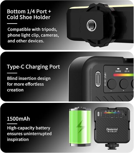 LED Camera Light, Portable Photography Video Lights Selfie Light for iPhone,Warm and Cool 3 Colors 3000-9900K, 72pcs Beads, with Cell Phone Clip, with 1/4 Standard Screw, 1500mAh Rechargeable CRI 80 in Saudi Arabia