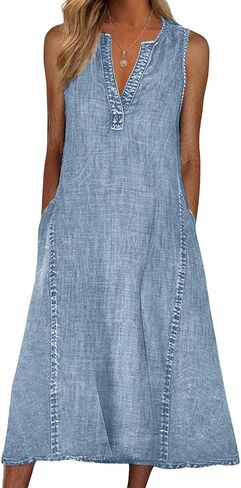 CHARTOU Women Casual Sleeveless Denim Midi Dress A Line Summer in Saudi Arabia