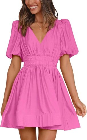 BWQ Women Mini Dress Short Puff Sleeve Sexy V Neck Dress A-line Elastic High Waisted Casual Flowy Summer Dresses in Kuwait