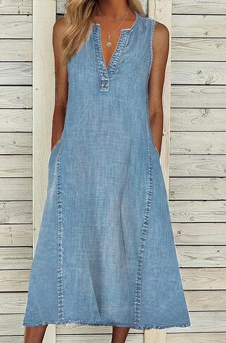 CHARTOU Women Casual Sleeveless Denim Midi Dress A Line Summer in Saudi Arabia