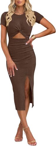 Oten Women's Summer Summer Sleeve Cutout Twist Front Side Slit Slit Babbed Party Club Bodycon Midi Dresses in Kuwait