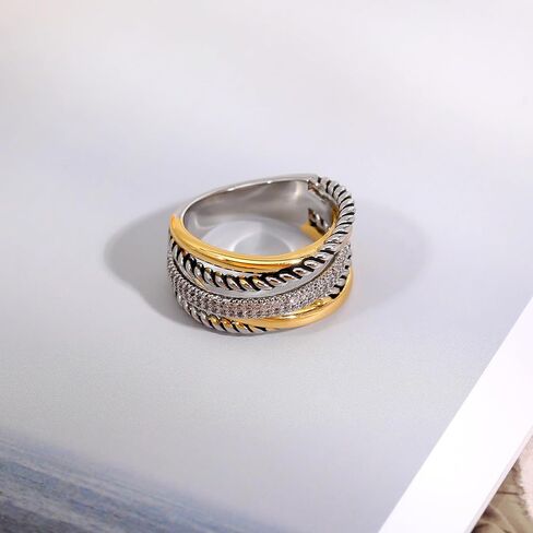 14K Gold Plated Mixed Metal Rings Intertwined Crossover Rings Gold Silver Statement Rings for Women Cubic Zirconia Two-Toned Jewelry in Kuwait
