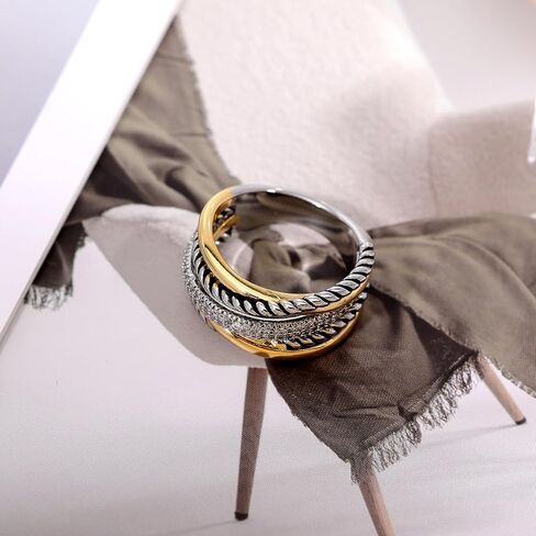 14K Gold Plated Mixed Metal Rings Intertwined Crossover Rings Gold Silver Statement Rings for Women Cubic Zirconia Two-Toned Jewelry in Kuwait