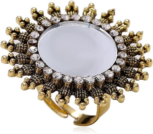 DTJA Vintage Mirror Sunflower Big Attract Ring للنساء المؤكسد باللون الذهبي المكعب الزركونيا القابل للتعديل بوهو قابلة للتوسيع جولة على حلقات الفرقة المفتوحة الراحة in Saudi Arabia