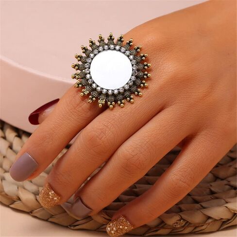 DTJA Vintage Mirror Sunflower Big Attract Ring للنساء المؤكسد باللون الذهبي المكعب الزركونيا القابل للتعديل بوهو قابلة للتوسيع جولة على حلقات الفرقة المفتوحة الراحة in Saudi Arabia