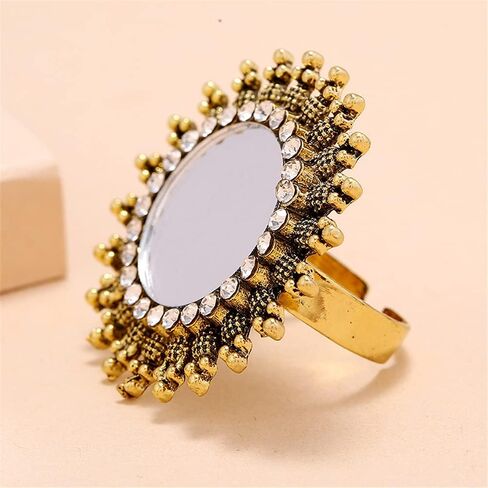 DTJA Vintage Mirror Sunflower Big Attract Ring للنساء المؤكسد باللون الذهبي المكعب الزركونيا القابل للتعديل بوهو قابلة للتوسيع جولة على حلقات الفرقة المفتوحة الراحة in Saudi Arabia