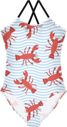 Cartoon Lobster Striped Baby Girls' Swimwear Toddler Girl One Piece Swimsuit Bathing Suits Size 3T-10Y in Saudi Arabia