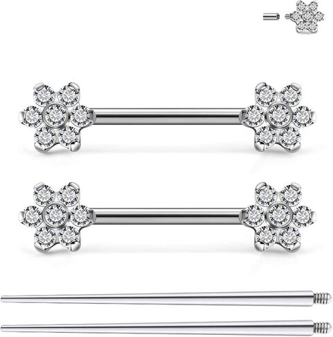 Ruifan Titanium Internally Threaded Nipple Piercing Jewelry Ring Seven CZ Opal Flower Tongue Rings Straight Barbell Body Piercing Jewelry for Women Men 14G 14MM With Straight Piercing Taper in Saudi Arabia