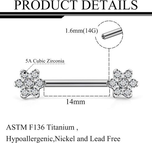 Ruifan Titanium Internally Threaded Nipple Piercing Jewelry Ring Seven CZ Opal Flower Tongue Rings Straight Barbell Body Piercing Jewelry for Women Men 14G 14MM With Straight Piercing Taper in Saudi Arabia