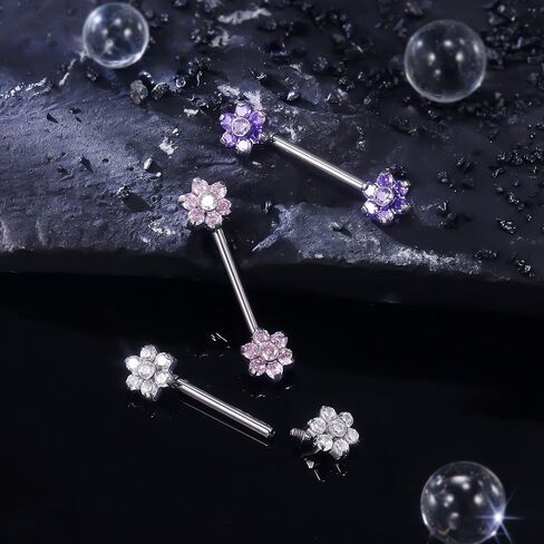Ruifan Titanium Internally Threaded Nipple Piercing Jewelry Ring Seven CZ Opal Flower Tongue Rings Straight Barbell Body Piercing Jewelry for Women Men 14G 14MM With Straight Piercing Taper in Saudi Arabia