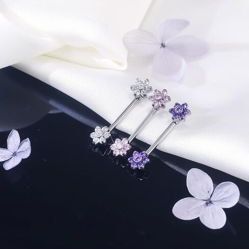 Ruifan Titanium Internally Threaded Nipple Piercing Jewelry Ring Seven CZ Opal Flower Tongue Rings Straight Barbell Body Piercing Jewelry for Women Men 14G 14MM With Straight Piercing Taper in Saudi Arabia