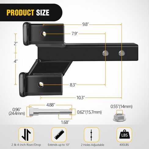 Nilight Trailer Dual Hitch Extender لجهاز استقبال 2 بوصة مع 2 "4" الارتفاع أو إسقاط مع مقطع الجوز الترباس 10000 رطل قابلة للتعديل 8 "10" طول المسحوق الأسود غير اللامع المغلفة in Kuwait