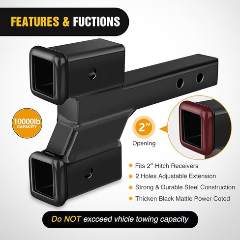 Nilight Trailer Dual Hitch Extender لجهاز استقبال 2 بوصة مع 2 "4" الارتفاع أو إسقاط مع مقطع الجوز الترباس 10000 رطل قابلة للتعديل 8 "10" طول المسحوق الأسود غير اللامع المغلفة in Kuwait