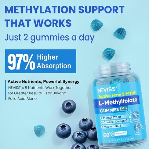 L Methylfolate Gummies & Methyl B12, Active 5-Mthf Methylated Folate 5mg Supplement for Women Men w/Methyl B Complex,Choline,Magesium,Omega-3,Methyl Folate for Methylation,Focus,Mood,Sugar Free,2Pack in Kuwait