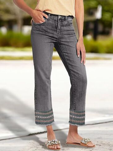 Flamingals Straight Leg Jeans for Women Low Rise Cropped Jeans Wash Embroidery Raw Hem Denim Pants in Saudi Arabia