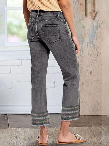Flamingals Straight Leg Jeans for Women Low Rise Cropped Jeans Wash Embroidery Raw Hem Denim Pants in Saudi Arabia