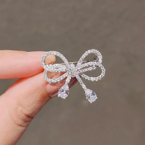 Statement Silver Cubic Zirconia Bow Brooches Pins for Women, Stylish Bling Crystal Bow Knot Brooch Pin Retro Charm Dress Suit Costume Accessory Jewelry in Saudi Arabia