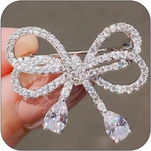 Statement Silver Cubic Zirconia Bow Brooches Pins for Women, Stylish Bling Crystal Bow Knot Brooch Pin Retro Charm Dress Suit Costume Accessory Jewelry in Saudi Arabia