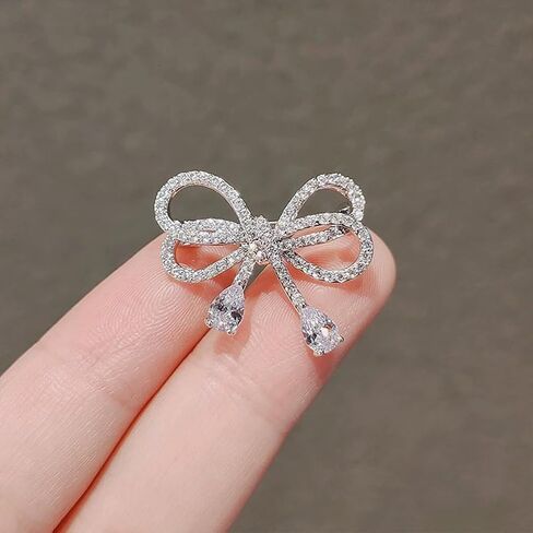 Statement Silver Cubic Zirconia Bow Brooches Pins for Women, Stylish Bling Crystal Bow Knot Brooch Pin Retro Charm Dress Suit Costume Accessory Jewelry in Saudi Arabia