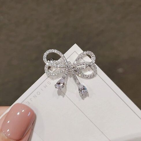 Statement Silver Cubic Zirconia Bow Brooches Pins for Women, Stylish Bling Crystal Bow Knot Brooch Pin Retro Charm Dress Suit Costume Accessory Jewelry in Saudi Arabia