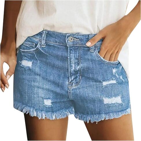 Jeans Shorts For Women Trendy Mid Rise Ripped Denim Shorts Summer Stretch Distressed Frayed Raw Hem Hot Short Jeans in Saudi Arabia