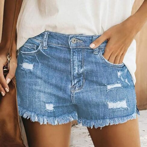 Jeans Shorts For Women Trendy Mid Rise Ripped Denim Shorts Summer Stretch Distressed Frayed Raw Hem Hot Short Jeans in Saudi Arabia