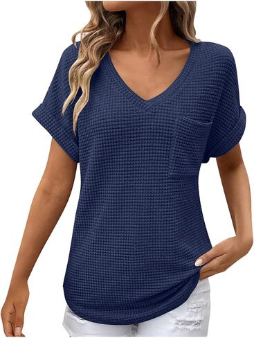 Womens Waffle Knit Tops 2025 Spring Summer V Neck Shirts Casual Trendy Women's Blouses Basic Tees Comfy T-Shirts in Saudi Arabia