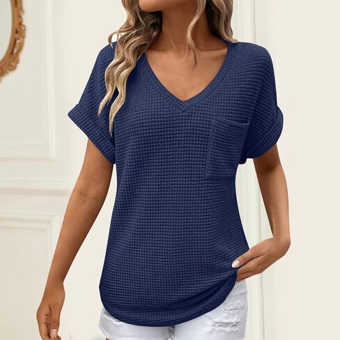 Womens Waffle Knit Tops 2025 Spring Summer V Neck Shirts Casual Trendy Women's Blouses Basic Tees Comfy T-Shirts in Saudi Arabia