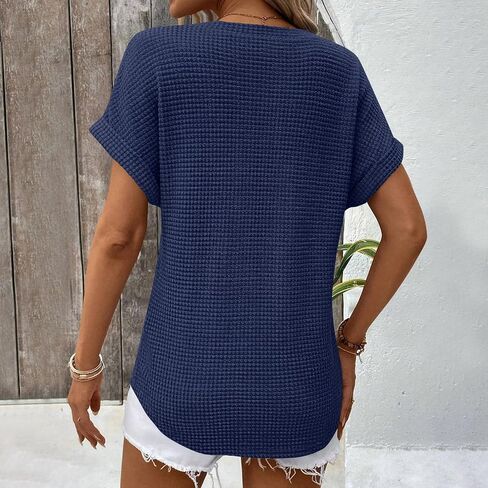 Womens Waffle Knit Tops 2025 Spring Summer V Neck Shirts Casual Trendy Women's Blouses Basic Tees Comfy T-Shirts in Saudi Arabia
