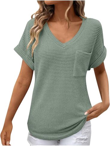 Womens Waffle Knit Tops 2025 Spring Summer V Neck Shirts Casual Trendy Women's Blouses Basic Tees Comfy T-Shirts in Saudi Arabia