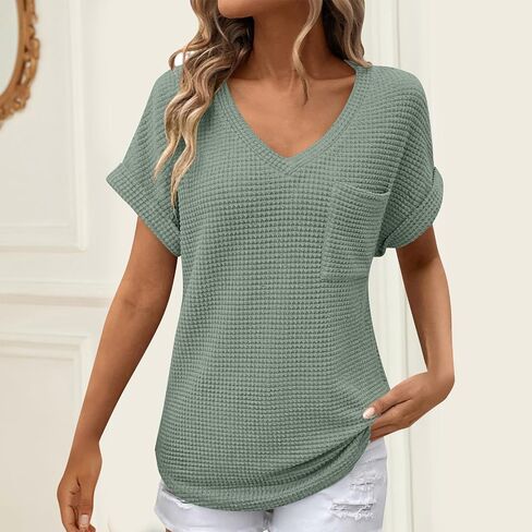 Womens Waffle Knit Tops 2025 Spring Summer V Neck Shirts Casual Trendy Women's Blouses Basic Tees Comfy T-Shirts in Saudi Arabia