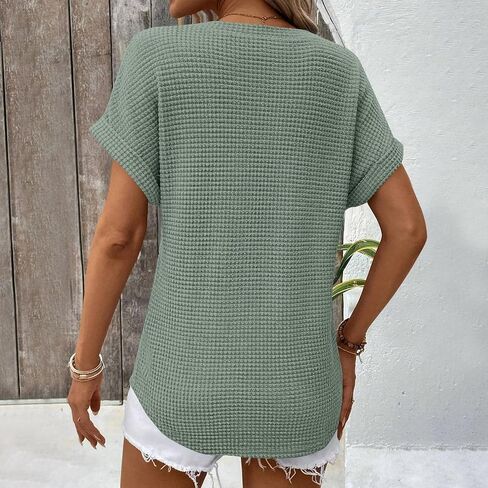 Womens Waffle Knit Tops 2025 Spring Summer V Neck Shirts Casual Trendy Women's Blouses Basic Tees Comfy T-Shirts in Saudi Arabia