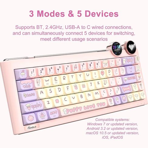 لوحة مفاتيح الألعاب D68، هيكل حشية قابل للتبديل بنسبة 68% RGB، لوحة مفاتيح ميكانيكية ثلاثية الأوضاع، بلوتوث لاسلكي مع مفتاح خطي، أغطية مفاتيح PBT، شاشة لنظام التشغيل Windows Mac (وردي) in Kuwait