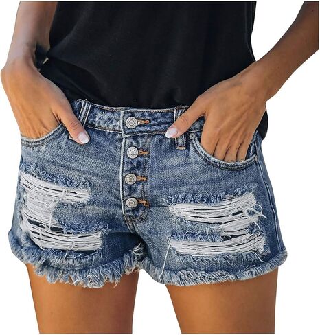 Jeans Shorts For Women Trendy Mid Rise Ripped Denim Shorts Summer Stretch Distressed Frayed Raw Hem Hot Short Jeans in Saudi Arabia