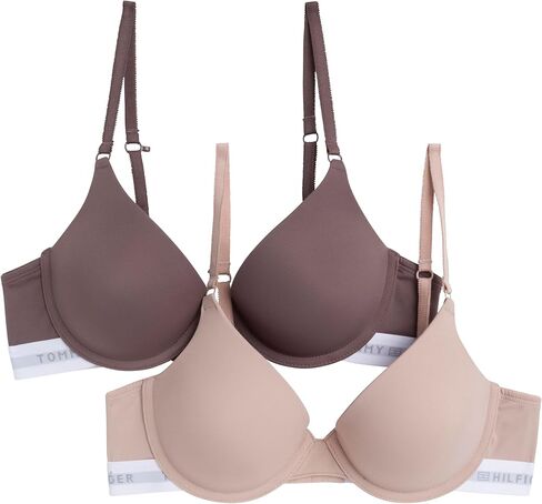 Tommy Hilfiger Womens Micro Push-Up Bra مع underwire و trim 2 pack ، Sparrow/Balanced Beige ، 36b in Saudi Arabia