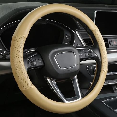 Cxtiy Genuine Leather Steering Wheel Cover with Ventilation Holes Luxury Cowhide,Breathable and Anti-Slip,14.5-15 inch(Beige) in Kuwait